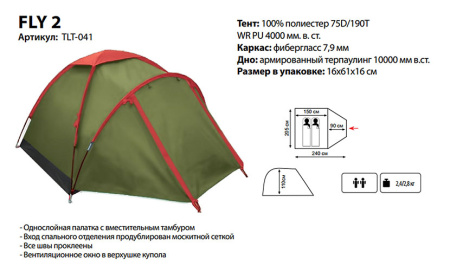 Палатка однослойная Fly 2 зеленый Lite Tramp (Трамп)