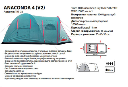 Палатка Anaconda 4 (V2) зеленая Tramp (Трамп)